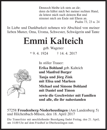 Traueranzeige von Emmi Kalteich von Siegener Zeitung