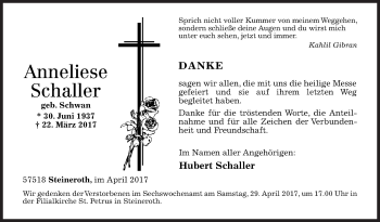 Traueranzeige von Anneliese Schaller von Siegener Zeitung