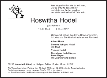 Traueranzeige von Roswitha Hodel von Siegener Zeitung