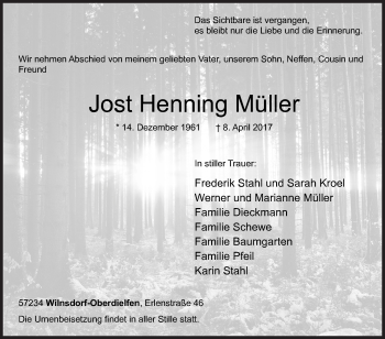 Traueranzeige von Jost Henning Müller von Siegener Zeitung