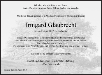 Traueranzeige von Irmgard Glaubrecht von Siegener Zeitung