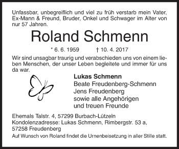 Traueranzeige von Roland Schmenn von Siegener Zeitung