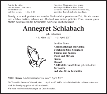 Traueranzeige von Annegret Schlabach von Siegener Zeitung