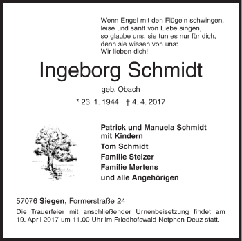 Traueranzeige von Ingeborg Schmidt von Siegener Zeitung