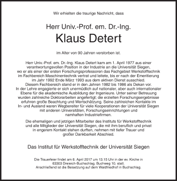 Traueranzeige von Klaus Detert von Siegener Zeitung
