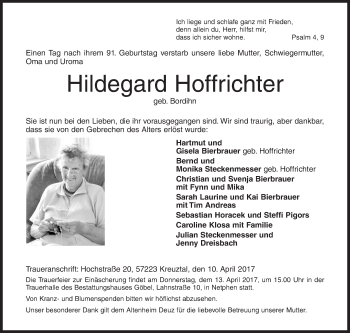 Traueranzeige von Hildegard Hoffrichter von Siegener Zeitung