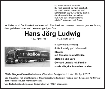 Traueranzeige von Hans Jörg Ludwig von Siegener Zeitung