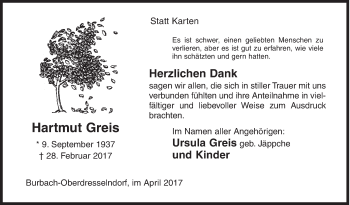 Traueranzeige von Hartmut Greis von Siegener Zeitung