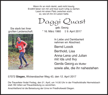 Traueranzeige von Daggi Quast von Siegener Zeitung