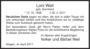 Traueranzeige von Loni Weil von Siegener Zeitung