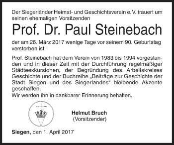 Traueranzeige von Paul Steinebach von Siegener Zeitung