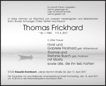 Traueranzeige von Thomas Frickhard von Siegener Zeitung