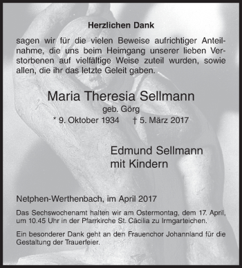 Traueranzeige von Maria Theresia Sellmann von Siegener Zeitung