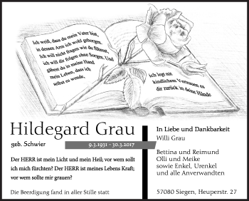 Traueranzeige von Hildegard Grau von Siegener Zeitung