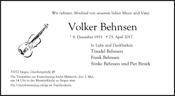Traueranzeige von Volker Behnsen von Siegener Zeitung