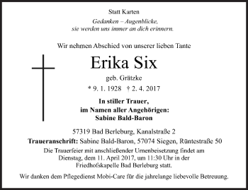 Traueranzeige von Erika Six von Siegener Zeitung