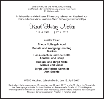 Traueranzeige von Karl-Heinz Nolte von Siegener Zeitung