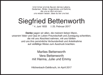 Traueranzeige von Siegfried Bettenworth von Siegener Zeitung