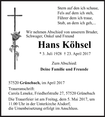 Traueranzeige von Hans Köhsel von Siegener Zeitung