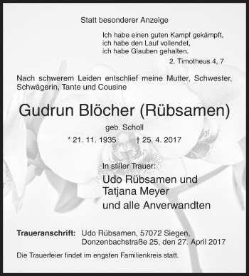 Traueranzeige von Gudrun Blöcher von Siegener Zeitung