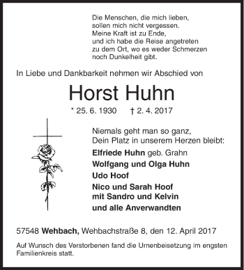 Traueranzeige von Horst Huhn von Siegener Zeitung