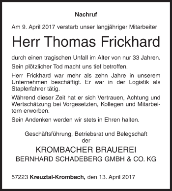 Traueranzeige von Thomas Frickhard von Siegener Zeitung