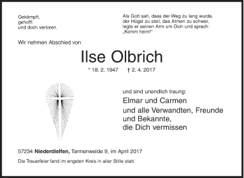 Traueranzeige von Ilse Olbrich von Siegener Zeitung