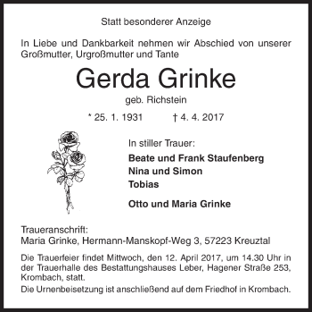 Traueranzeige von Gerda Grinke von Siegener Zeitung