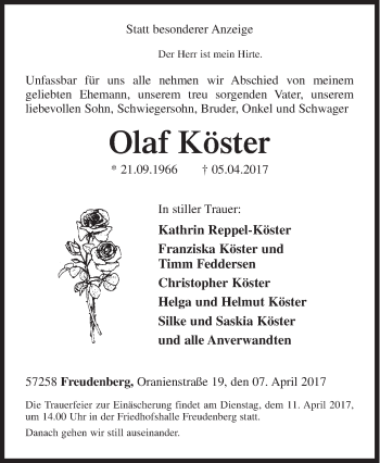 Traueranzeige von Olaf Köster von Siegener Zeitung