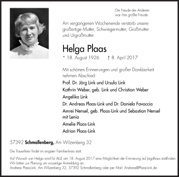 Traueranzeige von Helga Plaas von Siegener Zeitung
