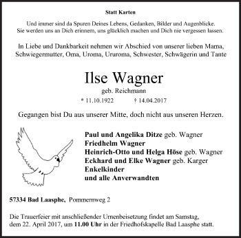 Traueranzeige von Ilse Wagner von Siegener Zeitung