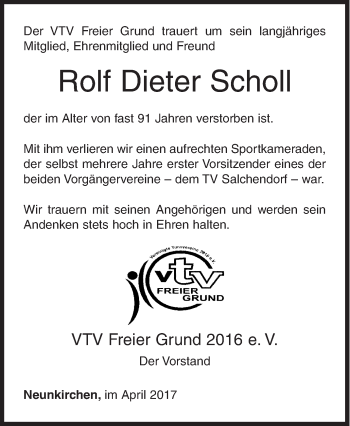 Traueranzeige von Rolf Dieter Scholl von Siegener Zeitung