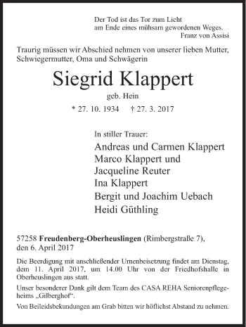 Traueranzeige von Siegrid Klappert von Siegener Zeitung