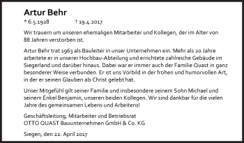 Traueranzeige von Artur Behr von Siegener Zeitung