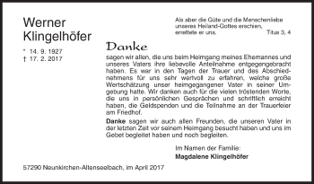 Traueranzeige von Werner Klingelhöfer von Siegener Zeitung