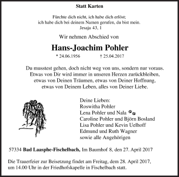 Traueranzeige von Hans-Joachim Pohler von Siegener Zeitung