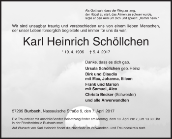 Traueranzeige von Karl Heinrich Schöllchen von Siegener Zeitung