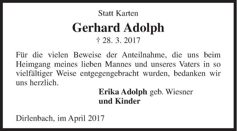  Traueranzeige für Gerhard Adolph vom 22.04.2017 aus Siegener Zeitung