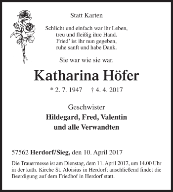 Traueranzeige von Katharina Höfer von Siegener Zeitung