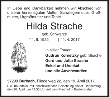 Traueranzeige von Hilda Strache von Siegener Zeitung