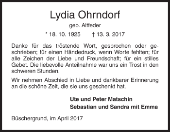 Traueranzeige von Lydia Ohrndorf von Siegener Zeitung