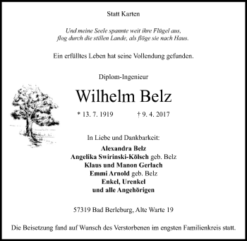 Traueranzeige von Wilhelm Belz von Siegener Zeitung