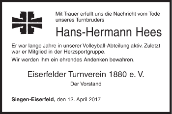 Traueranzeige von Hans-Hermann Hees von Siegener Zeitung