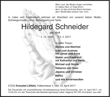 Traueranzeige von Hildegard Schneider von Siegener Zeitung