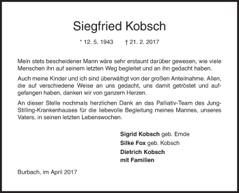 Traueranzeige von Siegfried Kobsch von Siegener Zeitung