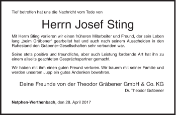 Traueranzeige von Josef Sting von Siegener Zeitung