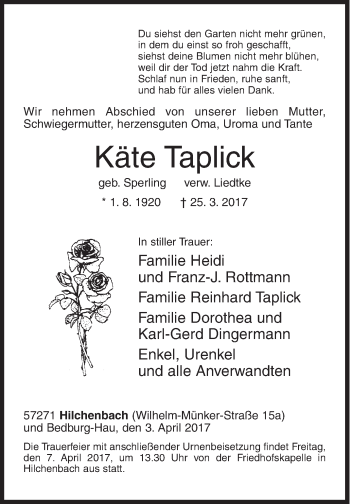 Traueranzeige von Käte Taplick von Siegener Zeitung