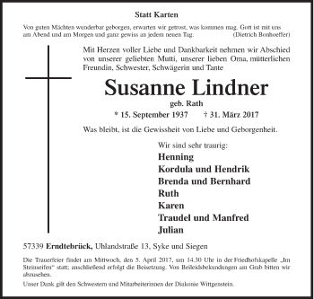 Traueranzeige von Susanne Lindner von Siegener Zeitung