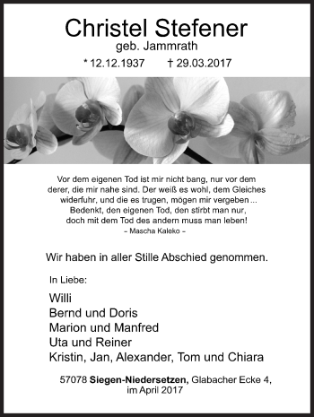 Traueranzeige von Christel Stefener von Siegener Zeitung