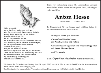 Traueranzeige von Anton Hesse von Siegener Zeitung